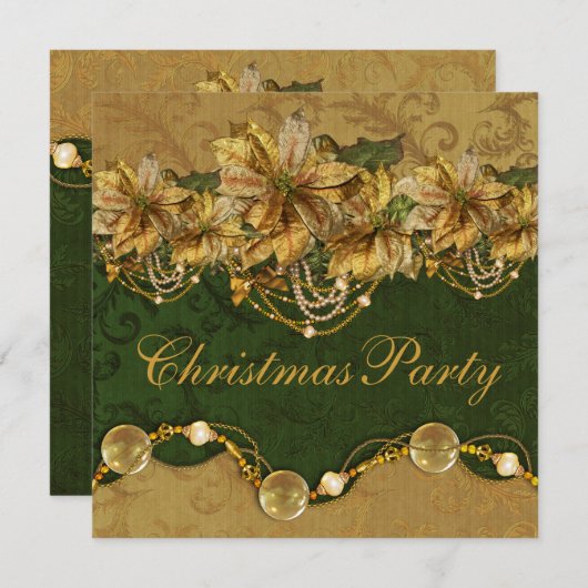 グリーン金ゴールドポインセチア金ゴールドクリスマスパーティー 招待状 (正面/裏面)