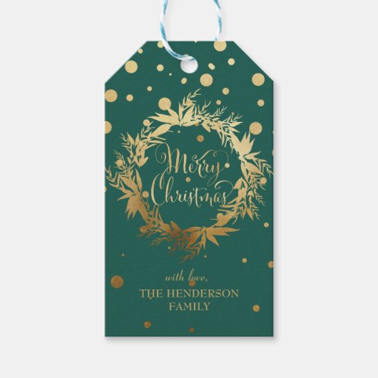 グリーン金ゴールドメリークリスマスユーカリリース ギフトタグ (正面)