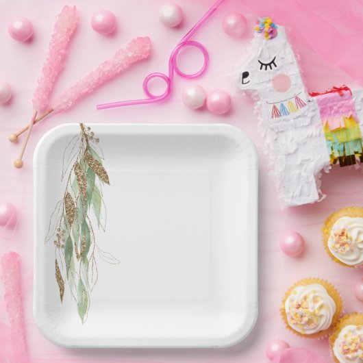 グリーン金ゴールドユーカリプトゥスグリジーグリッター結婚ズ ペーパープレート (パーティー)