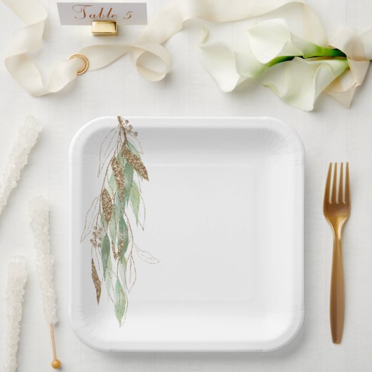 グリーン金ゴールドユーカリプトゥスグリジーグリッター結婚ズ ペーパープレート (ウェディング)