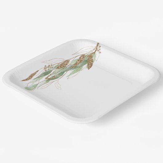 グリーン金ゴールドユーカリプトゥスグリジーグリッター結婚ズ ペーパープレート (傾斜あり)