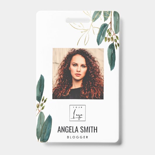 グリーン金ゴールドユーカリ従業員写真バーコード バッジ (Front)