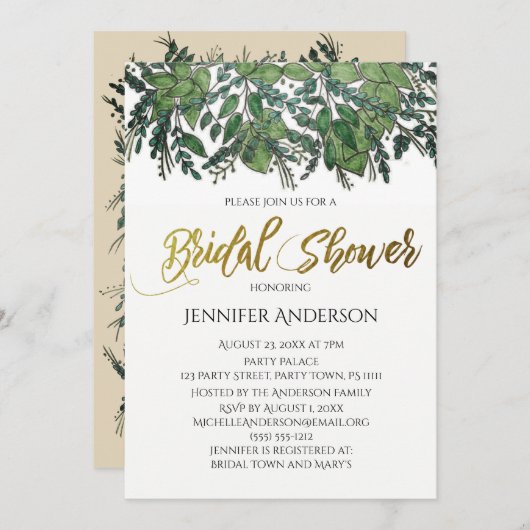 グリーン金ゴールドリーフブライダルシャワー 招待状 (正面/裏面)