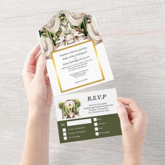 グリーン金ゴールドワイナリートスカンヴィンヤードアルフレスコテーブル オールインワン招待状 (貼ってはがせる)