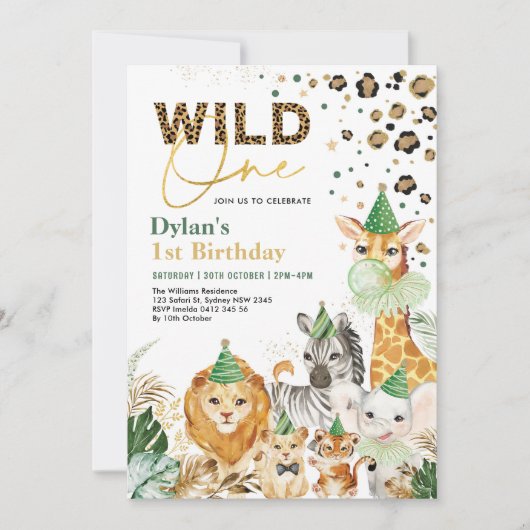 グリーン金ゴールドワイルドワンサファリパーティー動物誕生日 招待状 (正面)