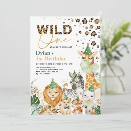 グリーン金ゴールドワイルドワンサファリパーティー動物誕生日 招待状 (スタンド正面)