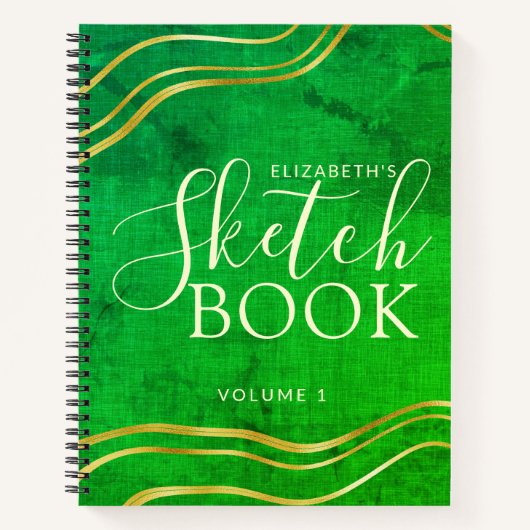 グリーン金ゴールド名前をカスタムするモダンスケッチブック ノートブック (正面)