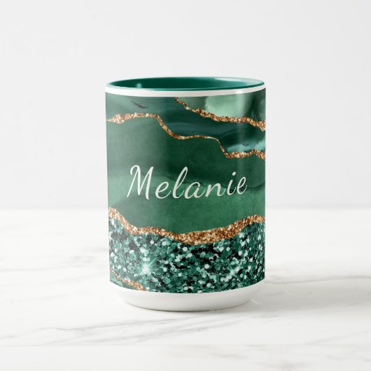グリーン金ゴールド大理石グリッターエメラルド名前をカスタムするマグ マグカップ (中央)