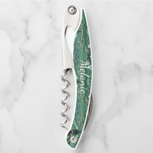 グリーン金ゴールド大理石名前をカスタムするウェイターコルクねじ ソムリエナイフ (正面)