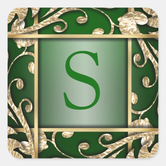 グリーン金ゴールド格子モノグラム封筒用シール スクエアシール (正面)