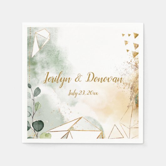グリーン金ゴールド植物幾何学結婚のナプキン スタンダードカクテルナプキン (正面)