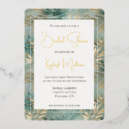 グリーン金ゴールド熱帯離れブライダルシャワー 箔招待状 (正面)