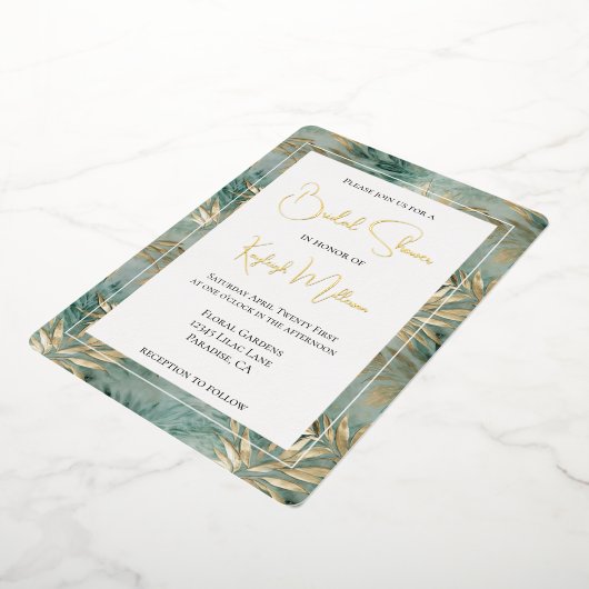 グリーン金ゴールド熱帯離れブライダルシャワー 箔招待状 (回転した状態)