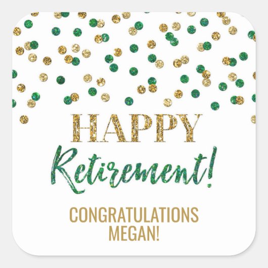 グリーン金ゴールド紙吹雪ハッピーリタイア スクエアシール (正面)