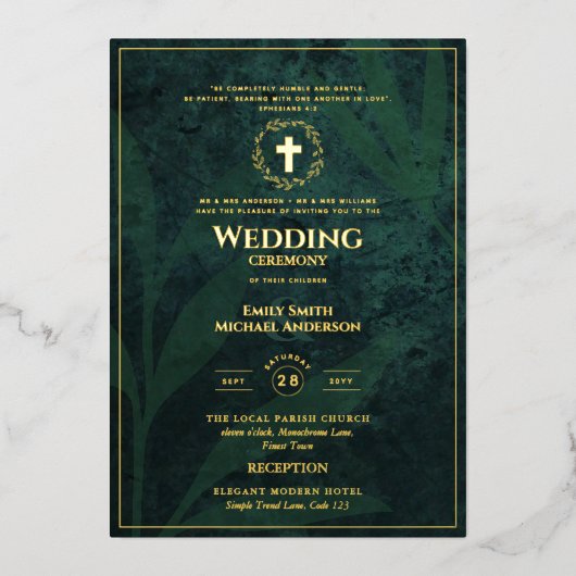 グリーン金ゴールド結婚カソリッエレガントクフォーマルスモダン 箔招待状 (正面)