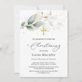 グリーン金ゴールド葉クロス《キリスト教》洗礼式や命名式招待状 招待状 (正面)