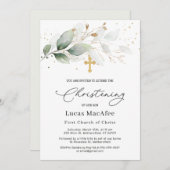 グリーン金ゴールド葉クロス《キリスト教》洗礼式や命名式招待状 招待状 (正面/裏面)