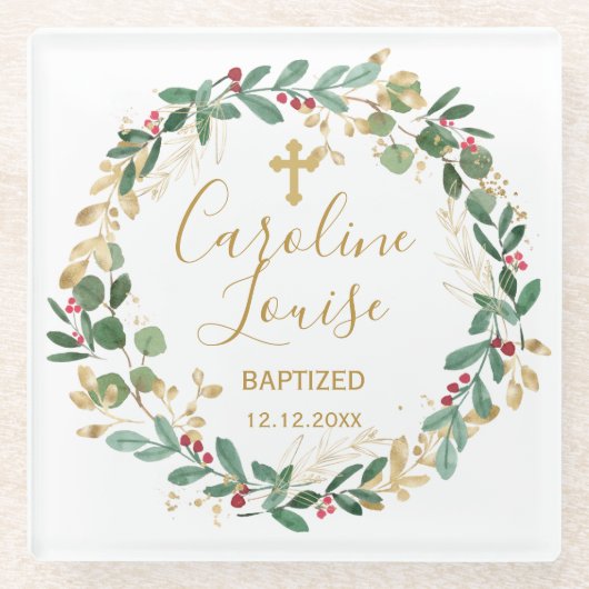 グリーン金ゴールド葉ベビーバプテスマ ガラスコースター (正面)