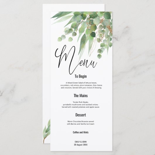 グリーン金ゴールド葉ユーカリスクリプ結婚ト メニュー (正面/裏面)