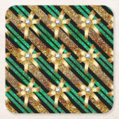 グリーン金ゴールド&ブラックフェイクグリッター金ゴールドダイヤモンドボウ スクエアペーパーコースター (正面)