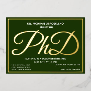 グリーン金ゴールドPhD卒業 箔招待状