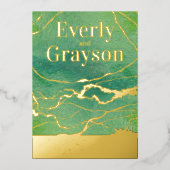 グリーン銀河系アガテマーブル結婚金ゴールド 箔招待状 (正面)