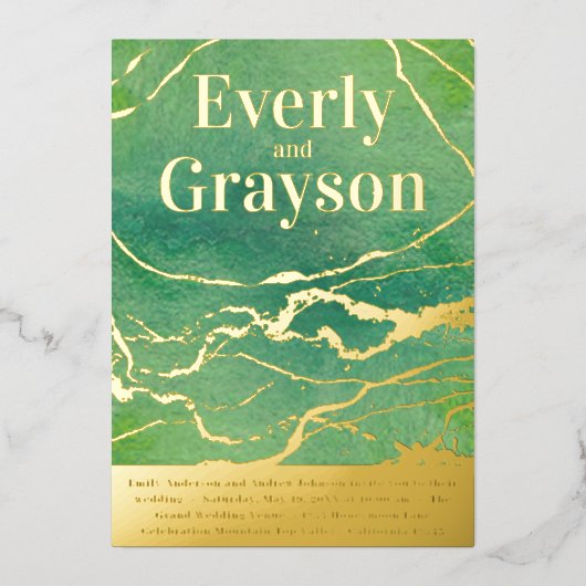 グリーン銀河系アガテマーブル結婚金ゴールド 箔招待状 (正面)