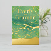 グリーン銀河系アガテマーブル結婚金ゴールド 箔招待状 (立ち正面)