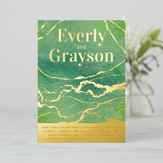 グリーン銀河系アガテマーブル結婚金ゴールド 箔招待状 (立ち正面)