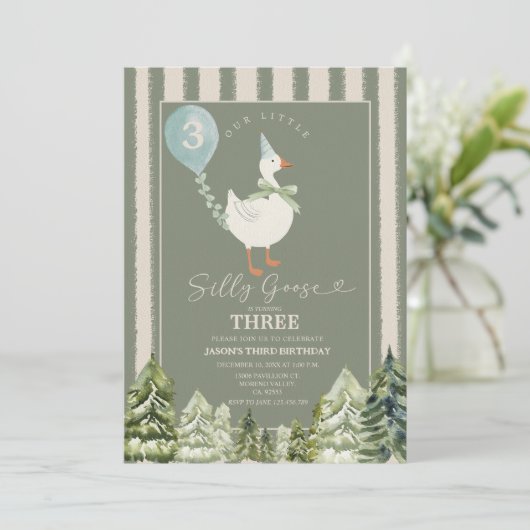 グリーン間抜けグース冬の森の男の子3歳の誕生日 招待状 (スタンド正面)