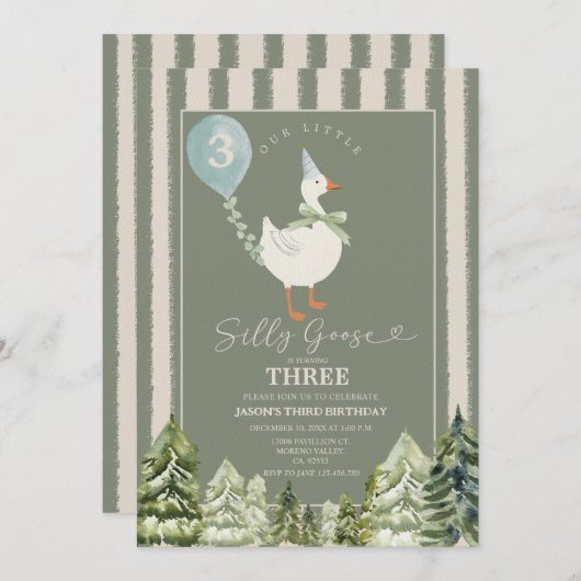 グリーン間抜けグース冬の森の男の子3歳の誕生日 招待状 (正面/裏面)