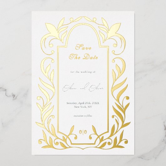 グリーン離れウェディングの日付を保存 箔招待状 (正面)