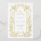 グリーン離れウェディングの日付を保存 箔招待状 (正面)