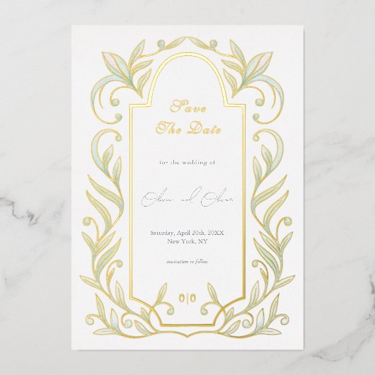 グリーン離れウェディングの日付を保存 箔招待状 (正面)