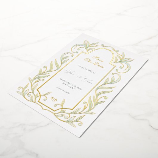 グリーン離れウェディングの日付を保存 箔招待状 (回転した状態)