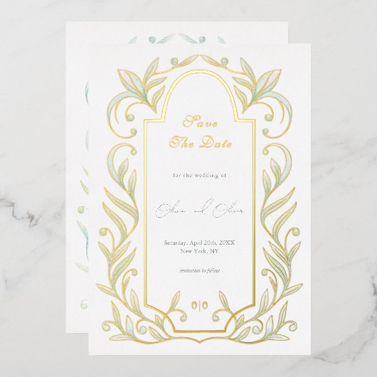 グリーン離れウェディングの日付を保存 箔招待状 (正面/裏面)