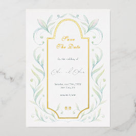 グリーン離れウェディングの日付を保存 箔招待状