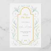 グリーン離れウェディングの日付を保存 箔招待状 (正面)
