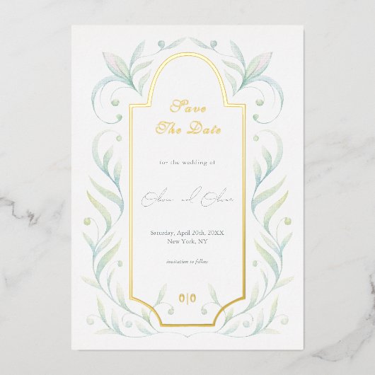 グリーン離れウェディングの日付を保存 箔招待状 (正面)