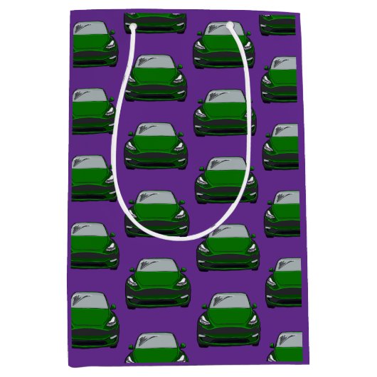 グリーン電気自動車SUV車の紫の背景 ミディアムペーパーバッグ (正面)