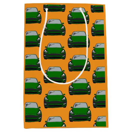 グリーン電気自動車SUV車オレンジ色の背景 ミディアムペーパーバッグ (正面)