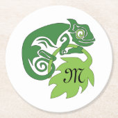グリーン飲カメレオンリザぶら下がったード ラウンドペーパーコースター (正面)