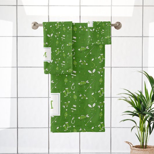 グリーン魚釣りシームレスパタモノグラムのーン バスタオルセット