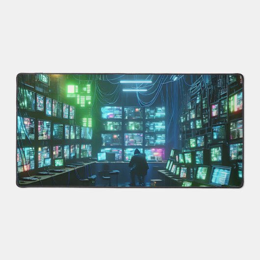 グリーン鮮やかとブルーのハイテク・ハッカーの隠れ家 デスクマット (正面)