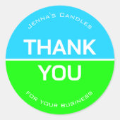 グリーン鮮やかブルーネオン社名有難う ラウンドシール (正面)