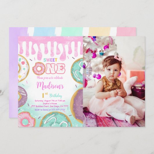 グリーン1th誕生日ドーナツパーティー写真 招待状 (正面/裏面)