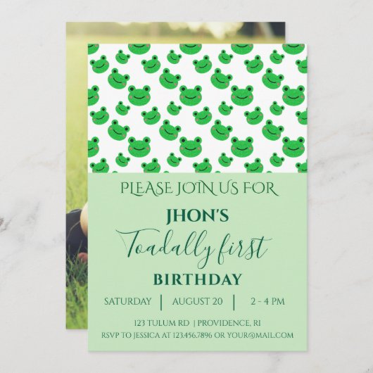 グリーン1th誕生日パーティー男の赤ちゃんカエル 招待状 (正面/裏面)