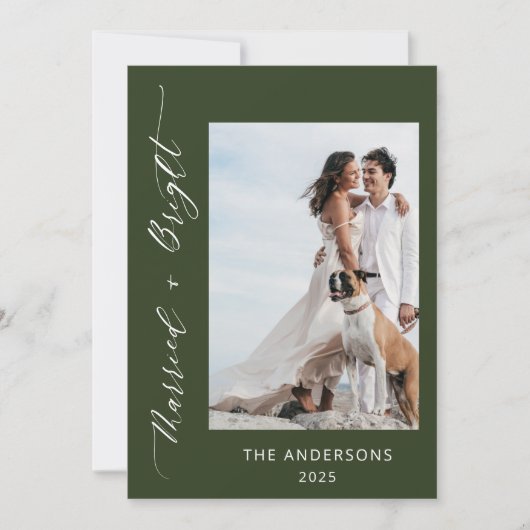 グリーン2フォトブライト結婚したズ結婚クリスマス サンキューカード (正面)