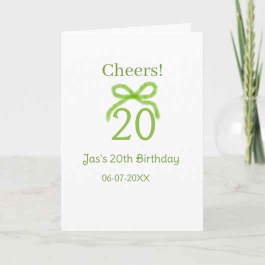 グリーン20歳の誕生日リボン水彩名前太字レトロ カード (正面)
