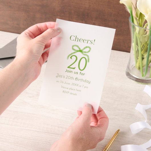 グリーン20歳の誕生日リボン水彩名前太字レトロ ベラム紙招待状 (ポータブル)